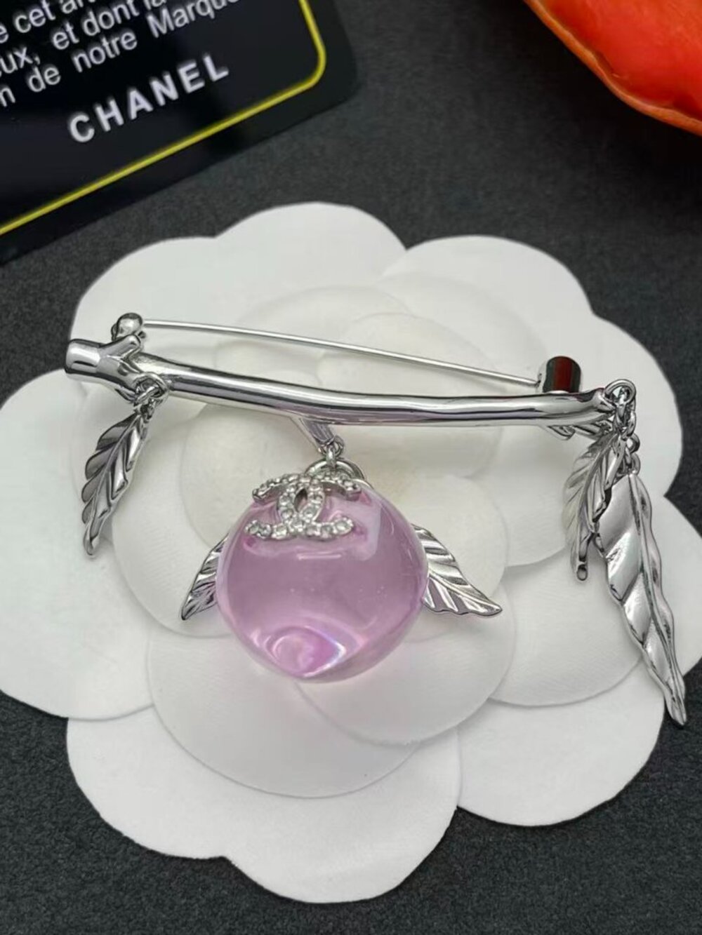 Like-New Chanel Silver-Tone Cherry & Leaf Brooch